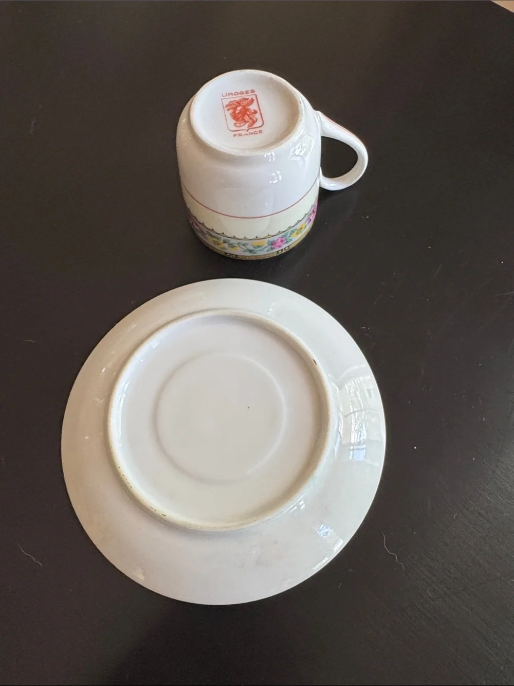 Vintage Limoges French White Floral Gold Trim Demitasse Cup and Saucer Set
